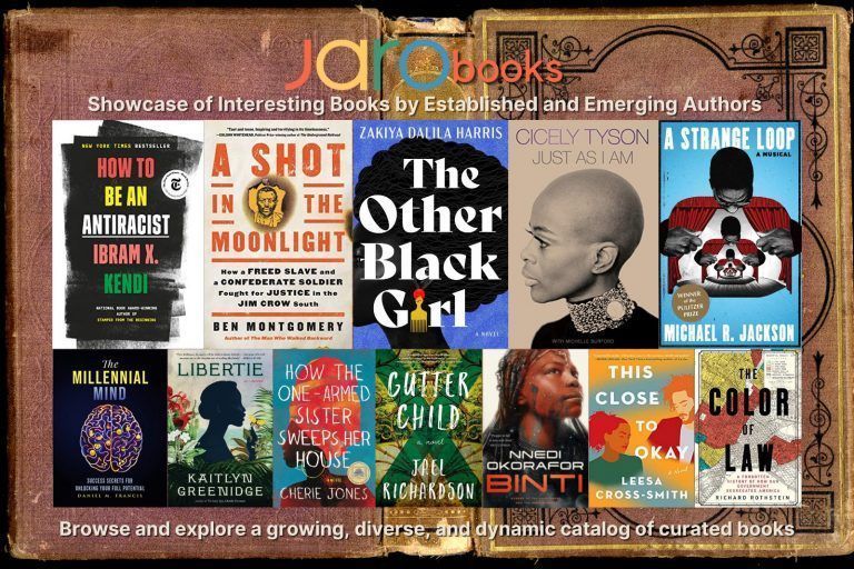 Jaro Books showcase featuring diverse book covers by various authors.