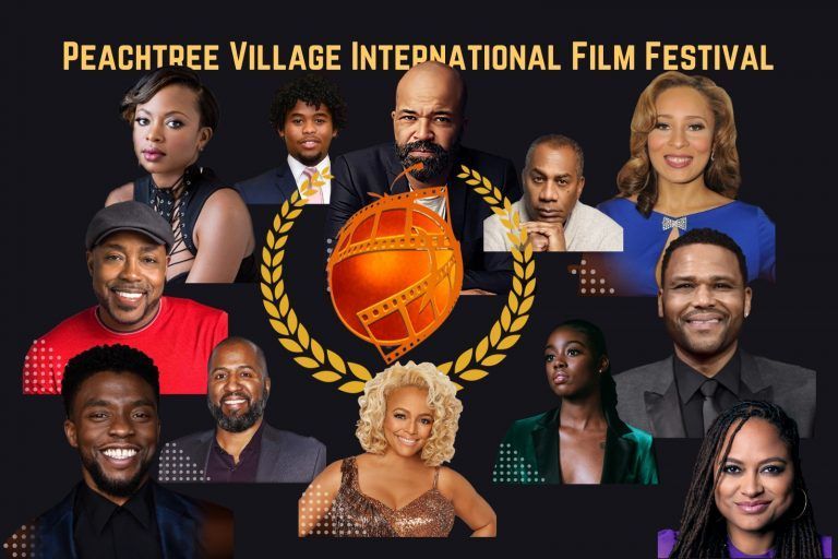 Peachtree Village International Film Festival poster featuring celebrity portraits.