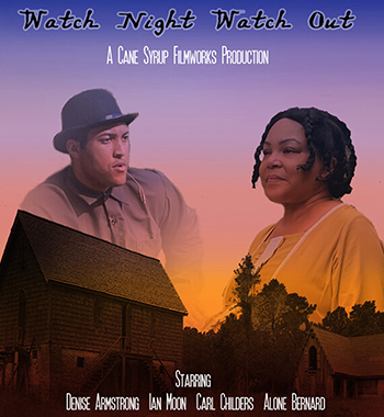 Watch Night Watch Out movie poster with two people talking against a sunset and barn backdrop.