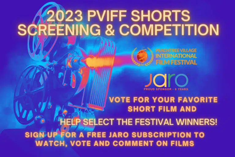 Poster for the 2023 PVIFF Shorts Screening & Competition with vibrant colors and a vintage film projector.
