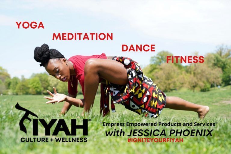 Woman performing yoga outdoors promoting Fiyah Culture + Wellness.